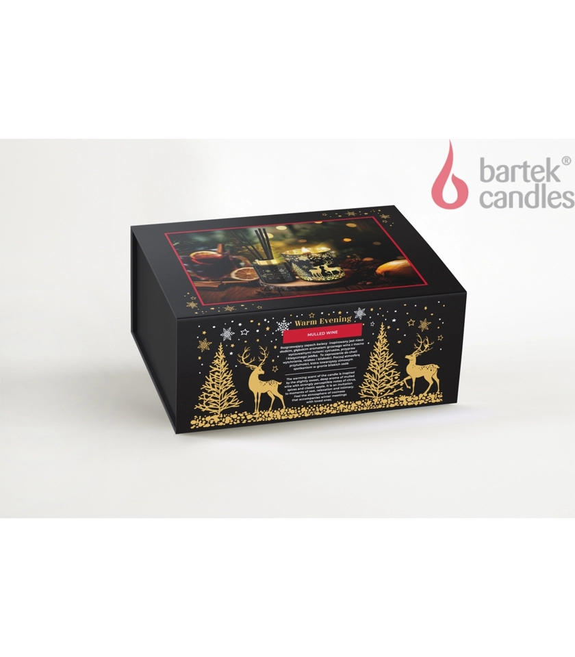 подаръчен сет Bartek Warm Evening Mulled Wine, ароматна свещ греяно вино, дифузер с пръчици зимен аромат, подарък Коледа ароматна свещ и дифузер, соева свещ с канела и плодове, ароматен комплект Bartek, аромат на греяно вино за дома