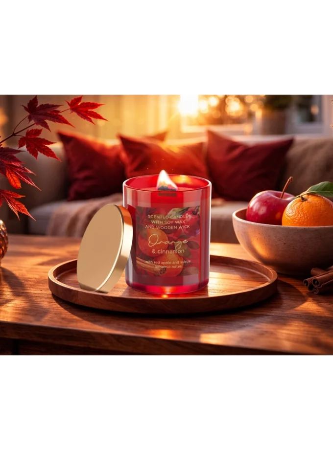 ароматна свещ Orange Cinnamon, Bartek Orange Cinnamon, ароматна свещ с портокал и канела, соева ароматна свещ, свещ с дървен фитил, свещ 220 г, зимна ароматна свещ, коледна ароматна свещ, свещ с ябълка и канела, ароматна свещ за подарък