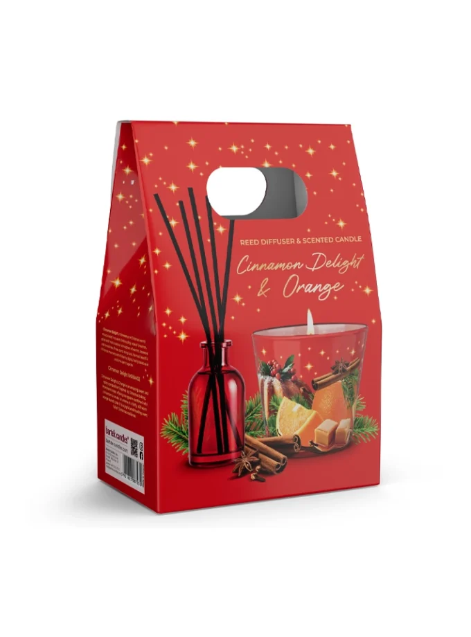 подаръчен комплект Cinnamon Delight Orange, Bartek Cinnamon Delight Orange, подаръчен комплект със свещ и дифузер, свещ с портокал и канела, дифузер с портокал и канела, коледен подаръчен комплект, зимен подаръчен комплект, подарък с ароматна свещ, коледен подарък за дома, Bartek Candles подаръчен комплект
